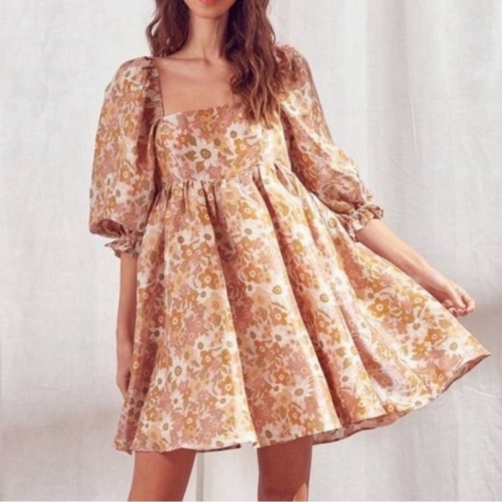 Storia Floral Shimmer Puff Sleeve Mini Dress Casual Career Pink/Tan Size Small